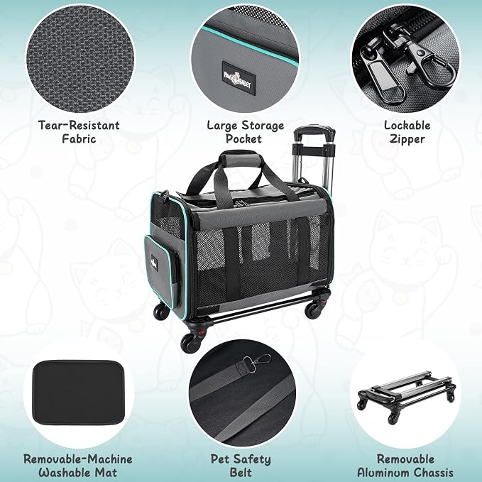 Paw Ballet Pet Carrier with Wheels, Durable Airline Approved Cat Crate, Foldable Rolling Dog Carrier, Rolling Bag for Cat &Dog, Use for Travel, Outdoor, Vet Visits, Camping, Indoor.