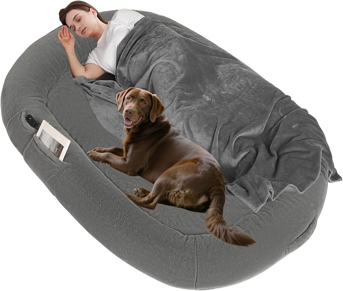 Human Dog Bed for Adult, Orthopedic Gel Memory Foam, 71"x47"x9" | Human Dog Bed Fits Adult & Pets, Reversible Egg-Crate Foam Cushion, Washable Pet Bed with Blanket, Cement Grey