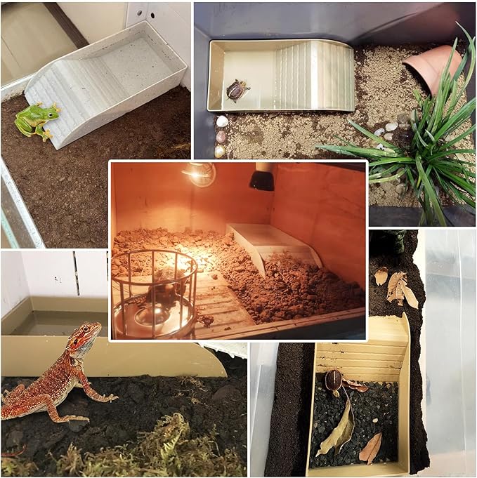 kathson Tortoise Water Dish with Ramp and Basking Platform, Reptile Water Bowl Turtle Soaking Tub Hermit Crab Bathing Pool for Amphibians Habitat Accessories (White)