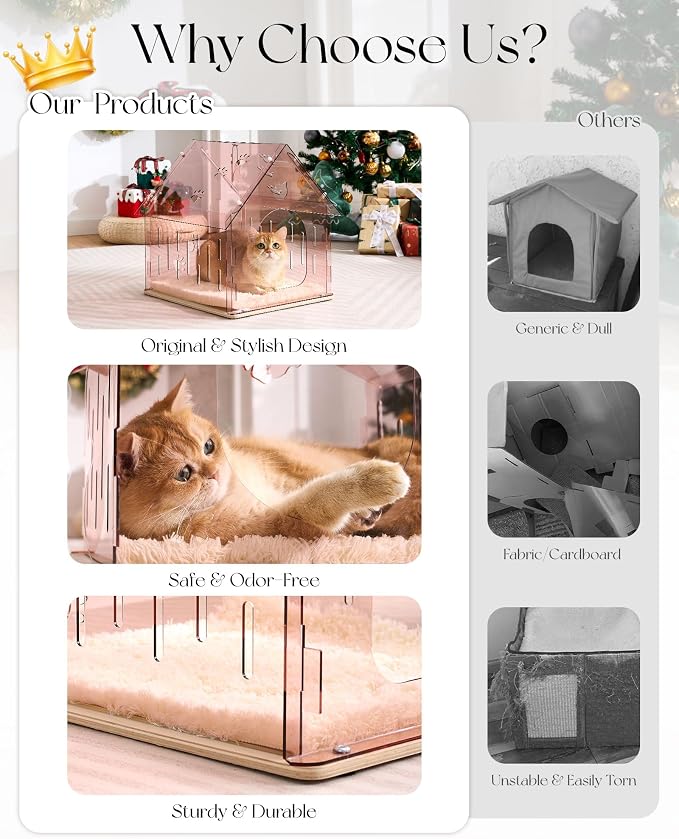 Acrylic Cat House for Indoor Cats, Transparent Cat Bed Cave with Plush Cushion & Hanging Toys, Modern Ventilated Cat Condo with Sturdy Wooden Base for Adult Cats & Kittens up to 15 lbs, Pink