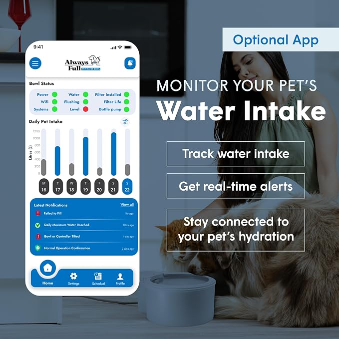 Always Full® 7" Self-Refilling Cat Water Bowl & Bottle Pump Bundle | Self-refilling filtered water with app-enabled hydration monitoring; easily upgradeable to the Always Full® Wall Unit.