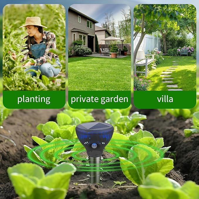 2026 Upgraded Solar Mole & Gopher Repellent 4 Pack, IP65 Waterproof Ultrasonic Vibration Stakes, Snake Skunk Vole Groundhog Deterrent to Protect Yard, Lawn & Garden