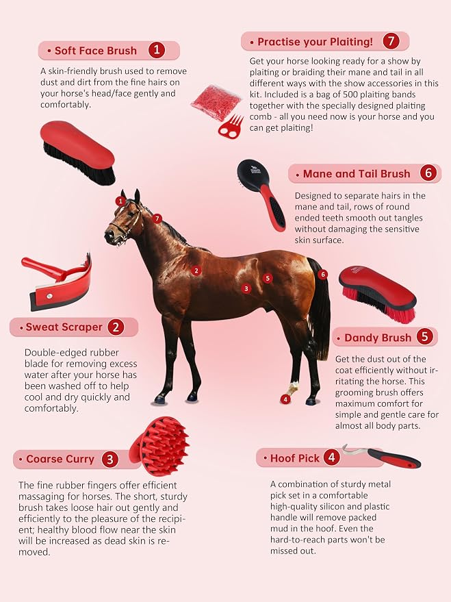 Harrison Howard Horse Grooming Brushes Kit 7 pieces with Organizer Tote Equine Care Series Horse Brush Sets Red