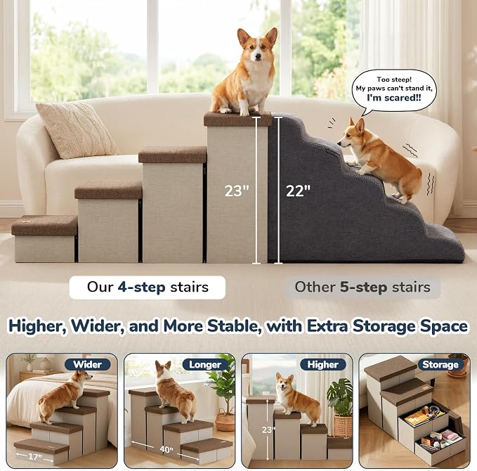 4-Step Wide Dog Stairs with Hidden Storage 23" H, Non-Slip Dog Steps for High Bed Couch Car, Jiont-Friendly Pet Stairs Ramp for Small/Medium/Large Old Dogs Cats Up to 220lbs, Beige&Coffee Lid
