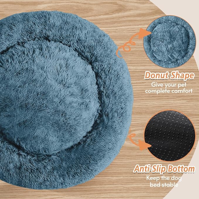 JOLLYVOGUE Calming Dog Bed Medium Size Dog, 31in Donut Washable Medium Pet Bed, Anti-Slip & Anti-Anxiety Fluffy Faux Fur Round Dogs Bed, Fits up to 45 lbs Pets (Blue)