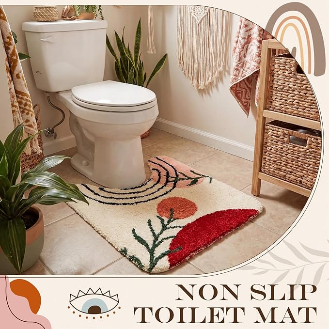 Drydiet Toilet Rug U Shaped Washable Soft and Absorbent Bathroom Rugs Non Slip Bath Mat Machine Wash Bathroom Contour Rug for Toilet Base, 24 x 20 Inch(Boho Color)