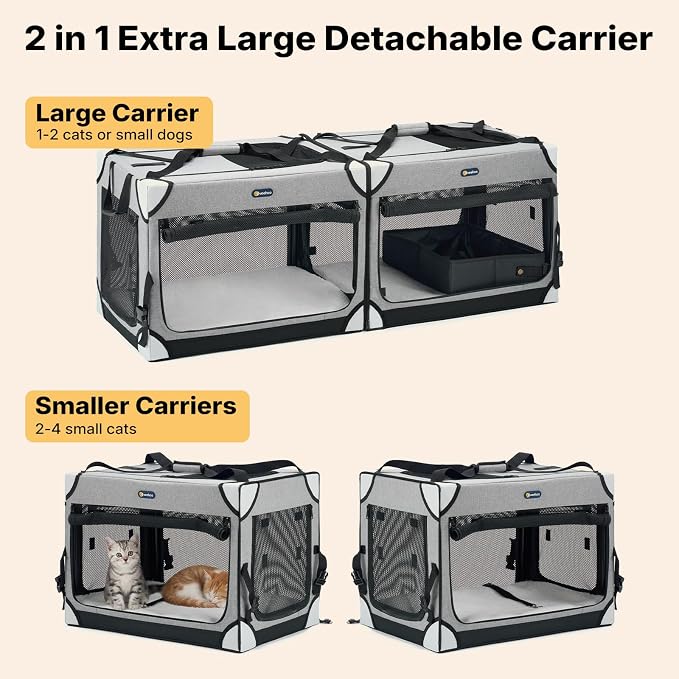 Veehoo Extra Large Cat Travel Carrier with Litter Box for 2 Cats, 48 inch Collapsible Dog Crate for Small Medium Dogs, 2 in 1 Cat Pet Puppy Kitten Foldable Car Carrier Soft Sided for Road Trip, Gray