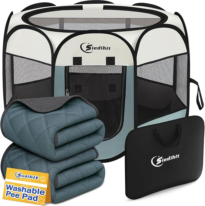 Siedihit Dog Cat Playpen Tent Crate Cage with 2 Washable Pads, Small Grey | Pet Nursing Enclosure Camping Rest Zone for Recovering Pets New Pet Quarantine Room Portable Pop Up Easy Set up lightweight