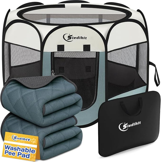 Siedihit Dog Cat Playpen Tent Crate Cage with 2 Washable Pads, Small Grey | Pet Nursing Enclosure Camping Rest Zone for Recovering Pets New Pet Quarantine Room Portable Pop Up Easy Set up lightweight