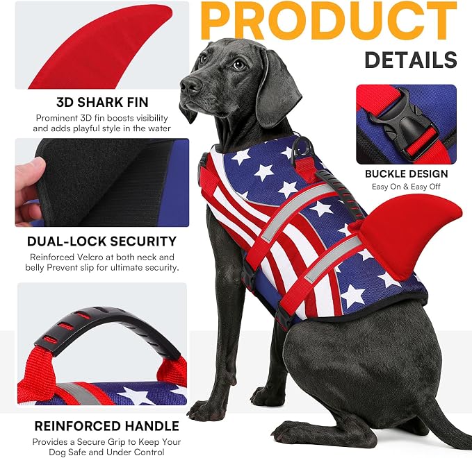 Shark Dog Life Vest for Swimming, Pet Life Vests for Boating, High Buoyant DogLife Jacket, Ripstop High Flotation Swimsui for Small, Medium, Large Dogs (USA Flag,M)
