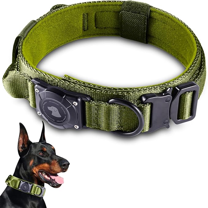 2026 Upgrade Waterproof AirTag Dog Collar, Military Tactical Dog Collar with AirTag Holder, Comfortable Control Handle and Metal Buckle, GPS Dog Collar Holder for Medium to Large Dogs (ArmyGreen, XL)