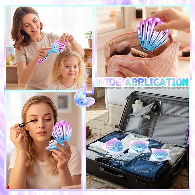 LemonRoad 24 Sets Mermaid Party Favors Shell Hair Brush with Mirror Card, Foldable Mini Travel Compact Hair Brush for Women Birthday, Bachelorette, Under The Sea, Beach Party Gifts(Gradient Colors)