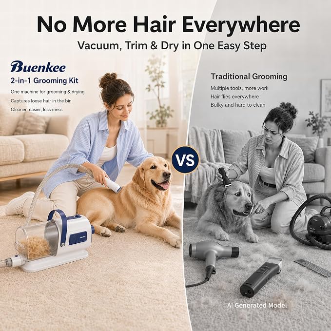 Buenkee Dog Grooming Vacuum & Blow Dryer Kit, Pet Clipper, 15000Pa Suction | 3-in-1 Pet Care, Removes Loose Fur, Styles Coats & Dries After Baths, Adjustable Heat & Airflow, 1.7L Dust Cup for Easy Clean