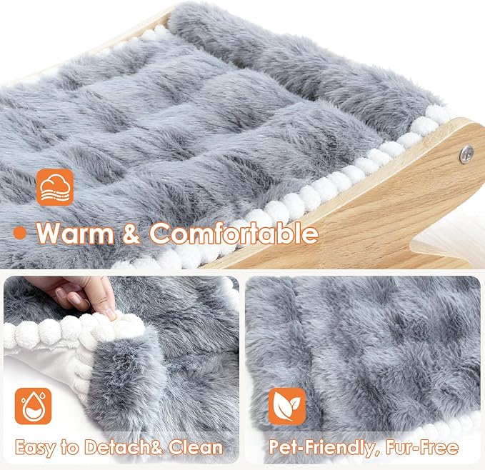 Plush Elevated Cat Bed - Cozy Raised Cat Hammock with Solid Wood Frame, Soft Furry Cushion for Indoor Cats & Small Dogs, Multi-Color Options(Grey)
