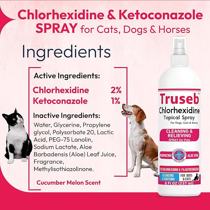 Truseb Advanced Strength Medicated Chlorhexidine for Dogs Cats Horses Skin Spray with Aloe Vera - Medicated Ketoconazole Spray for Skin Irritation, Hot Spots, Redne (Medicated Ketoconazole Spray, 8oz)