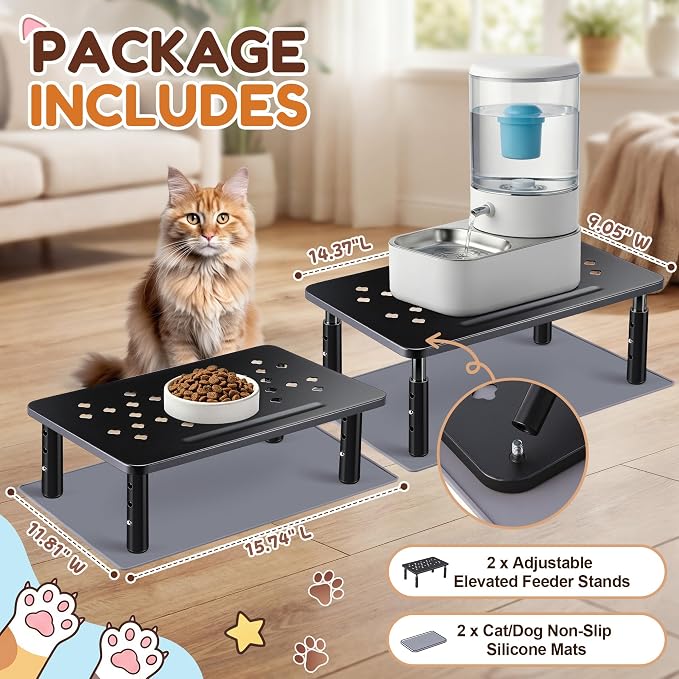 Dreyoo 2 Set Adjustable Cat Food Stand, Black,Gray Mat | Fits Most Auto Feeders, Cat Food Stand, 3 Level Stand, Non Slip Silicone Mats, Elevated Feeding Table, Cats Small Dogs