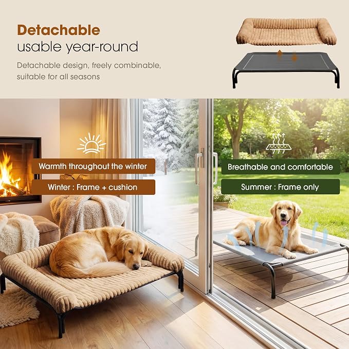 Czpalo Elevated Dog Bed with Removable Bolster Cushion Mat, Raised Pet Cot for Extra Large Sized Dogs with Breathable & Washable Mesh, Indoor & Outdoor Pet Hammock with Skid-Resistant Feet.