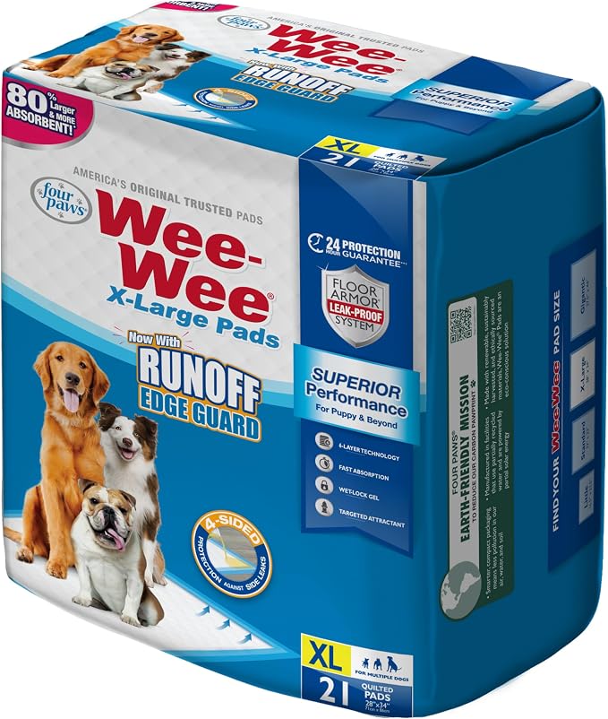 Four Paws Wee-Wee Superior Performance X-Large Dog Pee Pads, 21 Count | Puppy & dog potty training pads, housebreaking supplies, xl puppy pads, pet supplies, 24-hour floor protection, 28" x 34"