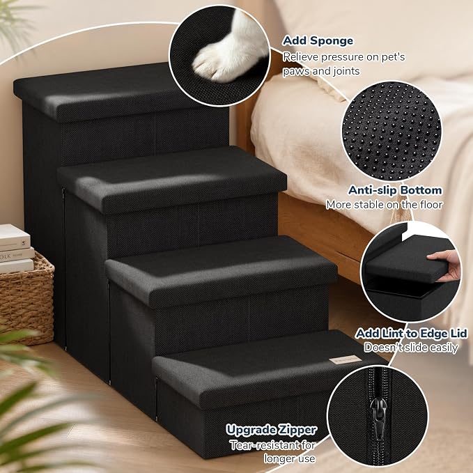 4-Step Wide Dog Stairs with Storage 23" H, Non-Slip Sturdy Pet Steps for High Bed Couch Window, Pet Stairs for Small/Medium/Large Old Dogs Cats Up to 220lbs, Cat Dog Steps for Car/SUV, Black
