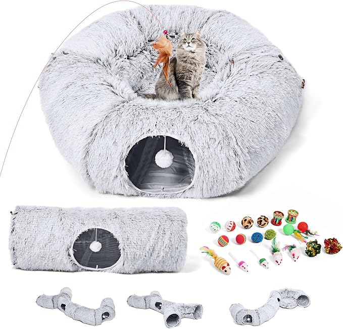 Cat Tunnels Bed with 1 Straight Tunnel and 20 Pet Toys - 5 Shapes DIY Indoor Cats Cave - Detachable Soft Cat Donut for Kitten Puppy Rabbit Ferret