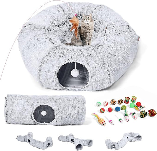 Cat Tunnels Bed with 1 Straight Tunnel and 20 Pet Toys - 5 Shapes DIY Indoor Cats Cave - Detachable Soft Cat Donut for Kitten Puppy Rabbit Ferret