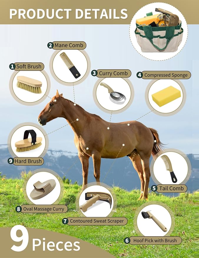 Professional 10 Pieces Horse Grooming Kit with Tote Bag, Horse Brush & Curry Comb Set for Effective Grooming and Bathing, Equine Coat Care Tack Room Supplies, Horse Gifts for Girls