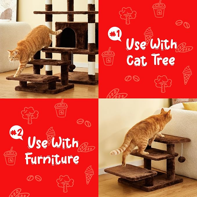 15''H Multi-Step Pet Stairs for High Beds & Sofas, 3-Step Cat Stairs with 2 Toy Balls, Wide Boards for Indoor Kittens Dogs Pets Climbing, Brown