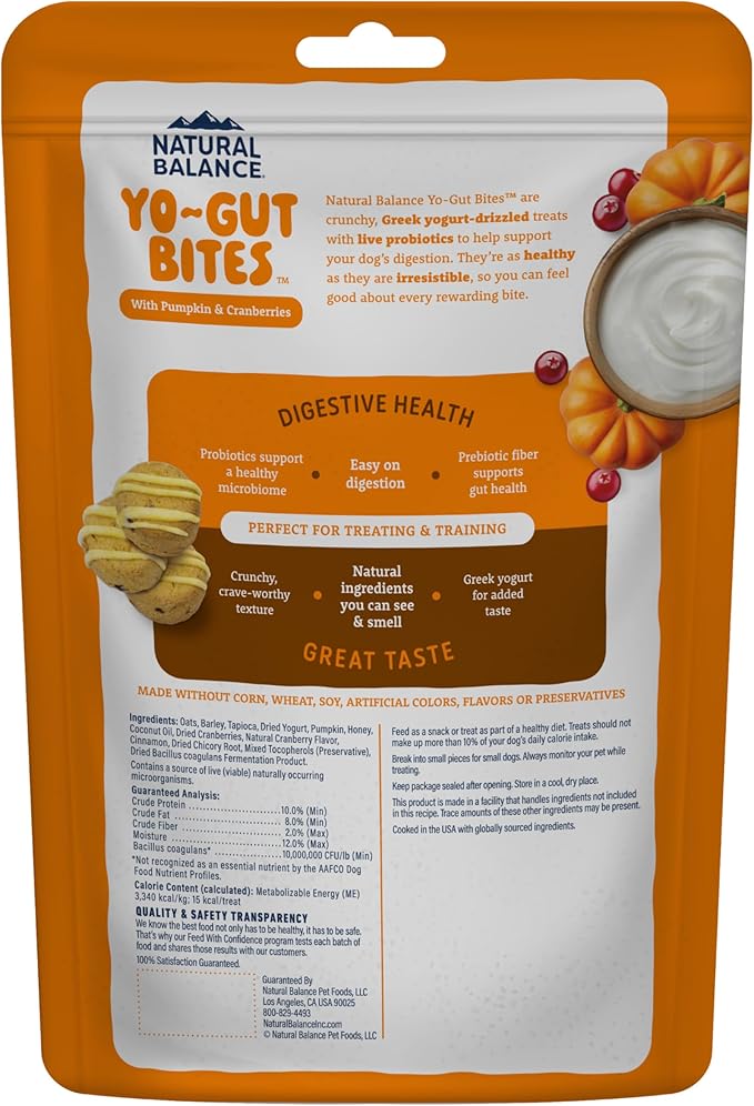 Natural Balance Yo-Gut Bites Crunchy Dog Treats with Real Pumpkin & Cranberries, Greek Yogurt Drizzle, Probiotics for Digestive Support, 4.5oz Bag