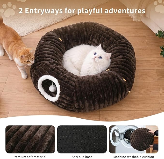 Dogpals Cat Tunnel Bed Cave 33" Lx10 Wx10 H for Indoor Cats (Coffee) | Washable Cozy Cushion, Soft Striped Plush Fabric, Hideaway Peekaboo Cave for Kittens, Puppies, Rabbits & Small Pets