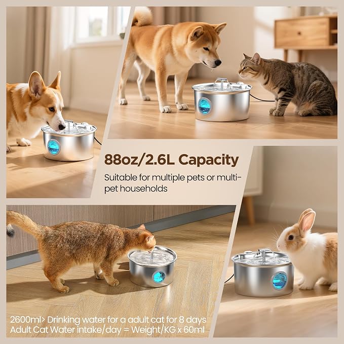 Cat Water Fountain Stainless Steel: 2.6L Cat Fountain for Drinking - Pet Water Fountain for Cats Indoor - Automatic Pet Water Dispenser Bowl - Best Auto Feeding Supplies Gift for Small Dog Large Kitty
