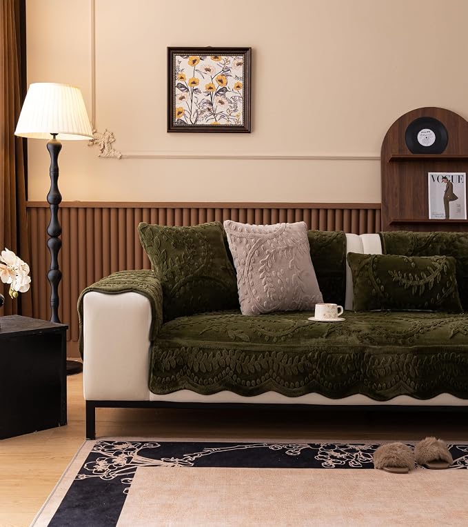 Green Fuzzy Rabbit Plush Sofa Cover Cozy Warm Sofa Couch Covers with 3D Jacquard Leaf Pattern Non-Slip Easy-to-Install Shaggy Sofa Slipcover Prefect for Kids Dogs Cats Cats(Green,36"x94")