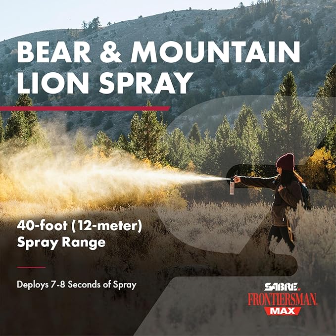 SABRE Frontiersman MAX Bear Spray – 40 ft Range, Maximum Strength, The Only EPA-Registered Spray for Bears & Mountain Lions, 9.2 oz, Glow Safety Clip, Outdoor Hiking & Camping Protection