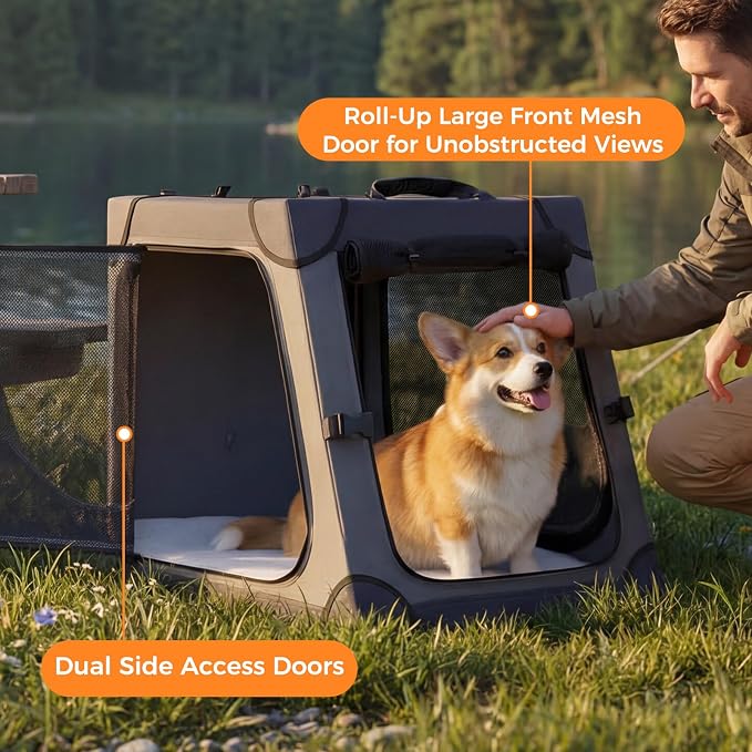 Snagle Paw Dog Car Crate for Back Seat, Portable, Medium, Gray | 3-point seat securement, breathable mesh, feeding windows, folds flat, for road trips, camping and vet visits