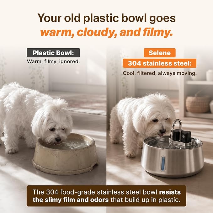 Selene Wireless Doggy Fountain, 4L (1.1 Gal) Cordless Dog Water Fountain for Dogs Inside, Stainless Steel Pet Fountain, 4-Layer Filtration, 30-Day Battery