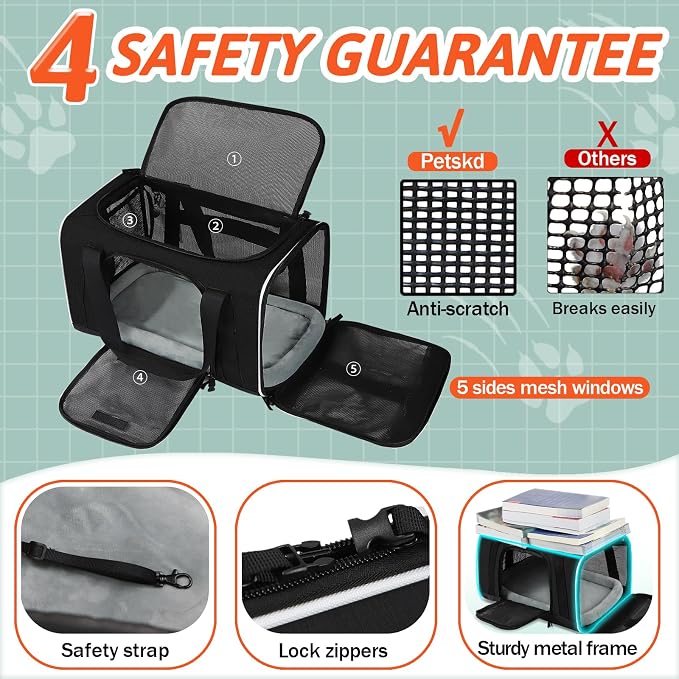 Small Pet Carrier 18"x11"x11" with Wheels Airline Approved, Black | for Delta/American/United Airlines, Lockable Safety Zippers and Anti-Scratch Mesh, Pets Under 10 lbs
