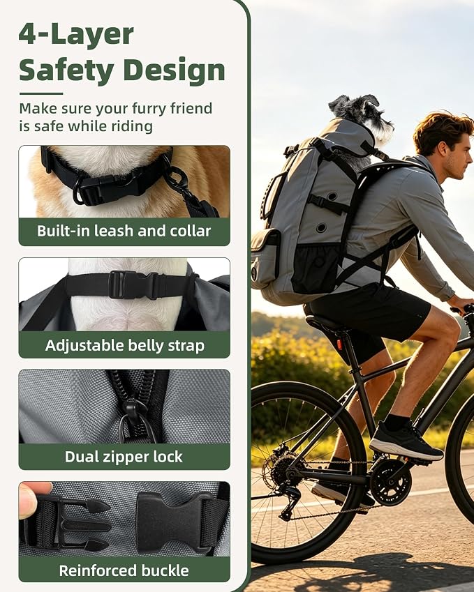Breathable Dog Hiking Backpack Carrier for Large Dogs, Grey | 4-Layer Protection, Adjustable Dog Backpack with Storage Pockets, Reflective Strips, 3D Ergonomic Support, Under 50 lb