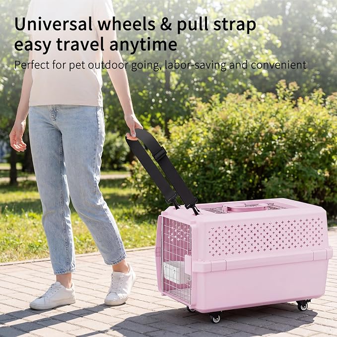 RIZZARI Pink Pet Carrier with Wheels for Cats and Small Dogs Up to 25 Lbs, Top Opening Hard-Sided Cat Carrier, Rolling Travel Kennel with Pull Strap, Feeding Bowl, Metal Door and Ventilated Design