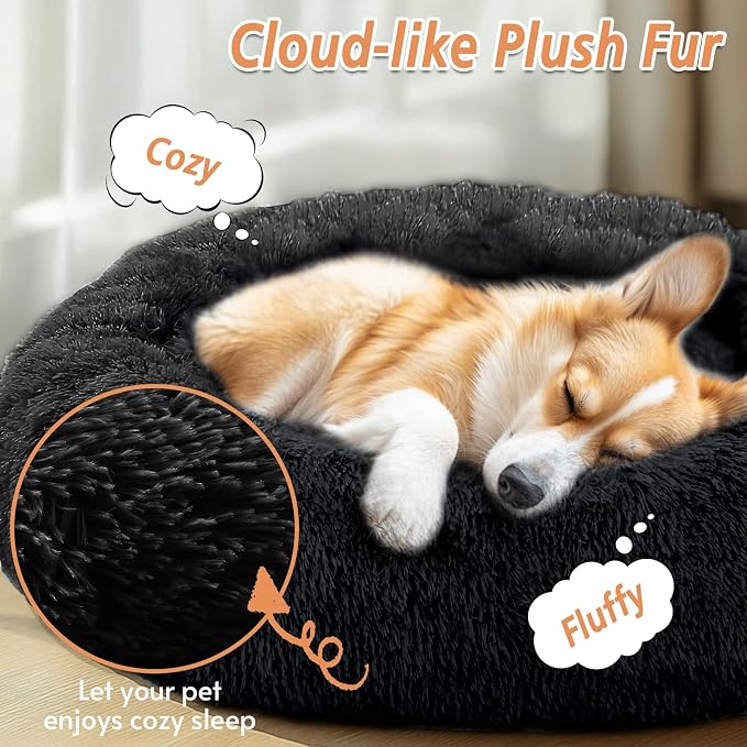 JOLLYVOGUE Calming Small Dog & Cat Bed for Indoor Cats - 20 inches Washable Donut Bed for Kittens & Puppies, Anti-Anxiety Round Fluffy Plush Pet Beds (Fits up to 15 lbs, Smoke Black)