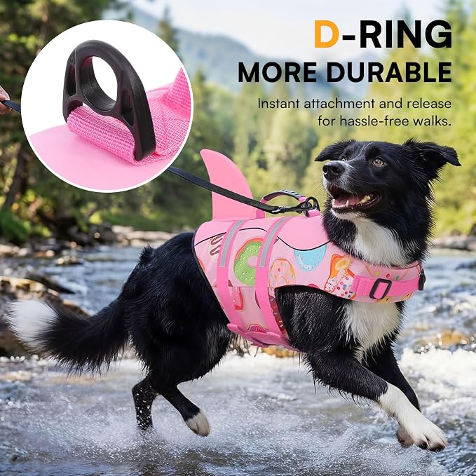 Dog Life Jacket, Dog Life Vest for Swimming, High Flotation Shark Swimming Safety Vest for Large Dogs, Reflective Pet Lifesaver Preserver with Rescue Handle, Pink Donut XL