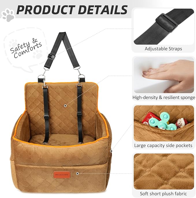 HEGGCOOE Dog Car Seat for Small Medium Dogs, Memory Foam Dog Booster Seats with Thick Cushion for Dogs Under 35lbs, Detachable Washable Pet Car Seat Travel Bed with Storage Pockets,2 Safety Belt