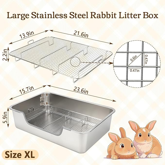 Rypet Large Rabbit Litter Box, Bunny Litter Box High Side with 304 Stainless Steel Sifting Tray, Metal Small Animal Litter Pan with Pet Food Bowl and Water Bottle, Non-Slip Easy to Clean Odor Control