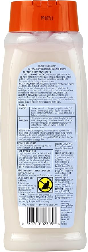 Hartz UltraGuard Rid Flea & Tick Oatmeal Dog Shampoo, 18 oz Bottle