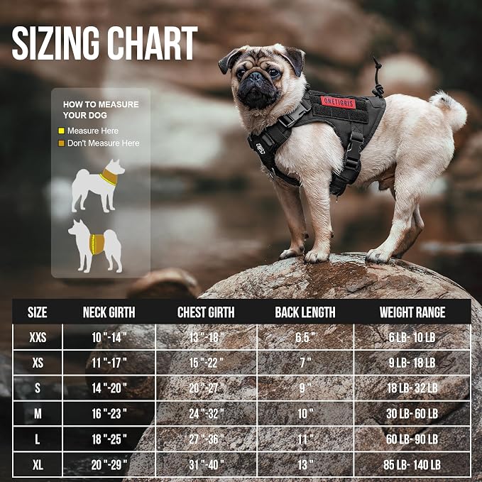 OneTigris Tactical Dog Harness Vest,No-Pull Service Dog Vest with Hook & Loop Panels,Adjustable Dog Vest Harness for Walking Hiking Training(Black,XS)