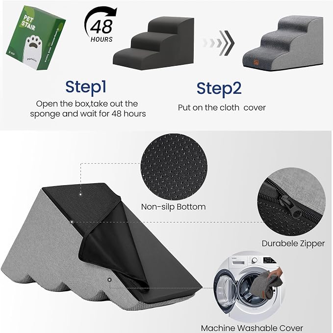 GoGoBunny Dog Stairs for High Bed, 19.7" H 4-Step Ramp Dog Steps, Grey | Pet Steps & Ramp for Small Medium Dogs Cats, oint Friendly, Waterproof Non-Slip, Balanced Durable Indoor Pet Stairs