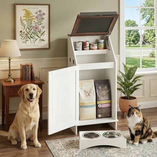 White 38.4" H Dog Feeding Station with Storage | Pet Food Storage Cabinet with 2 Elevated Bowls,Hooks,Hidden Dog Feeding Organizer for Cats and Dogs