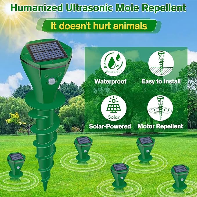 Mole Repellent Solar Powered,2 Pack Ultrasonic Gopher Repeller IP65 Waterproof for Lawn Garden Yard, Sonic Vole Repellent Mole Killer Outdoor Get Rid of Snake Groundhog Chipmunk Squirrels-Dark Green