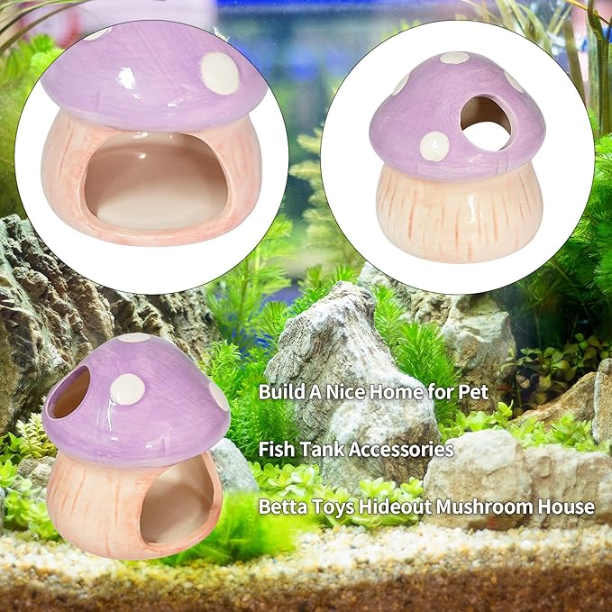 Saim Ceramics Mushroom House Aquarium Decor, Betta Fish Tank Accessories Landscape Decoration, Small Shrimp Goldfishes Habitat Hut Pleco Smalland Breeding Hide Caves Toad House - Purple