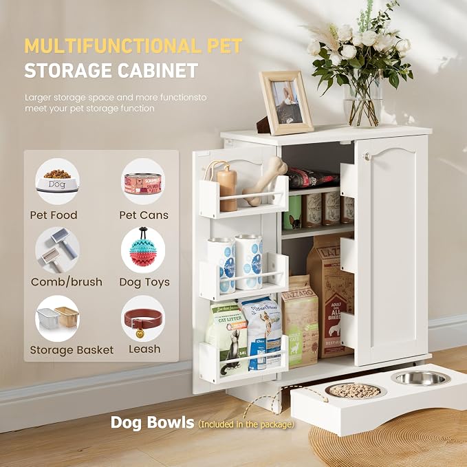 FIMELLO 31.7" High Dog Feeding Station with Feeding Bowls, Pet Organizers and Storage Adjustable Shelf, Dog Feeder Station, Pet Storage Cabinet for Cats and Dogs, White