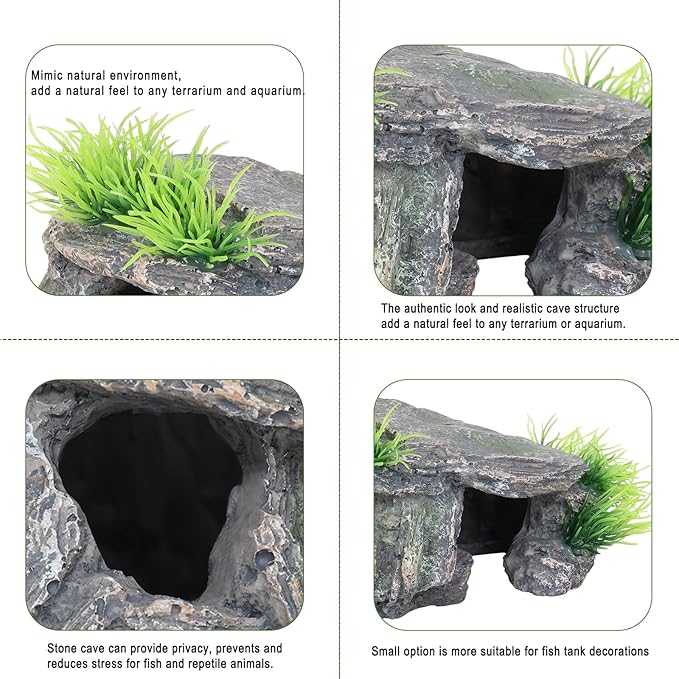 Aquarium Cave & Betta Hideout - Natural Resin Fish Tank Decorations, Small Turtle Basking Platform, Hand-Polished Smooth Edges, PH Neutral Stone Decor for Shrimp, Cichlid, and Reptiles (Small)
