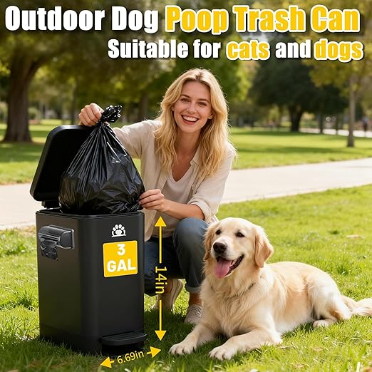 Dog Poop Trash Can Outside,3Gal Metal Outdoor Trash Can,Outdoor Dog Poop Trash Can with Lid for Odor Control,Waterproof Dog Waste Trash Can - Includes Poop Scooper for Dogs & Bin Bag Holder (Black)